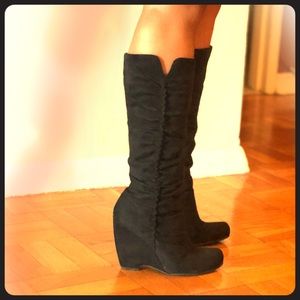 MIA black faux suede knee high wedge boots